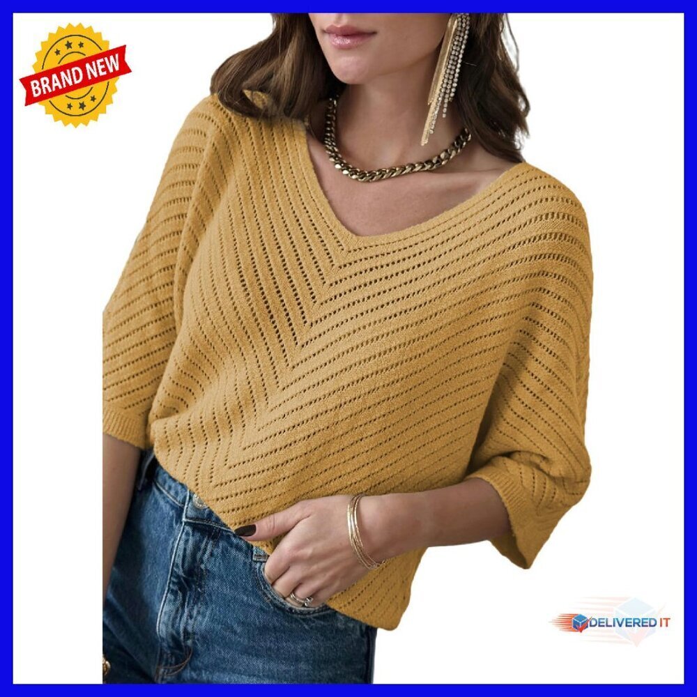 Soft V-Neck Pullover Sweater, 3/4 Sleeve, Loose Fit, Lightweight Knit